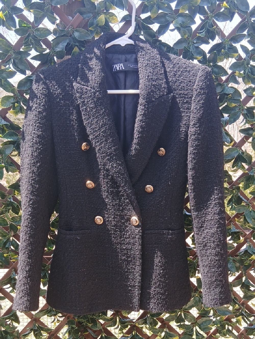 Zara Black Bouclé Double-Breasted Blazer with Gold Buttons